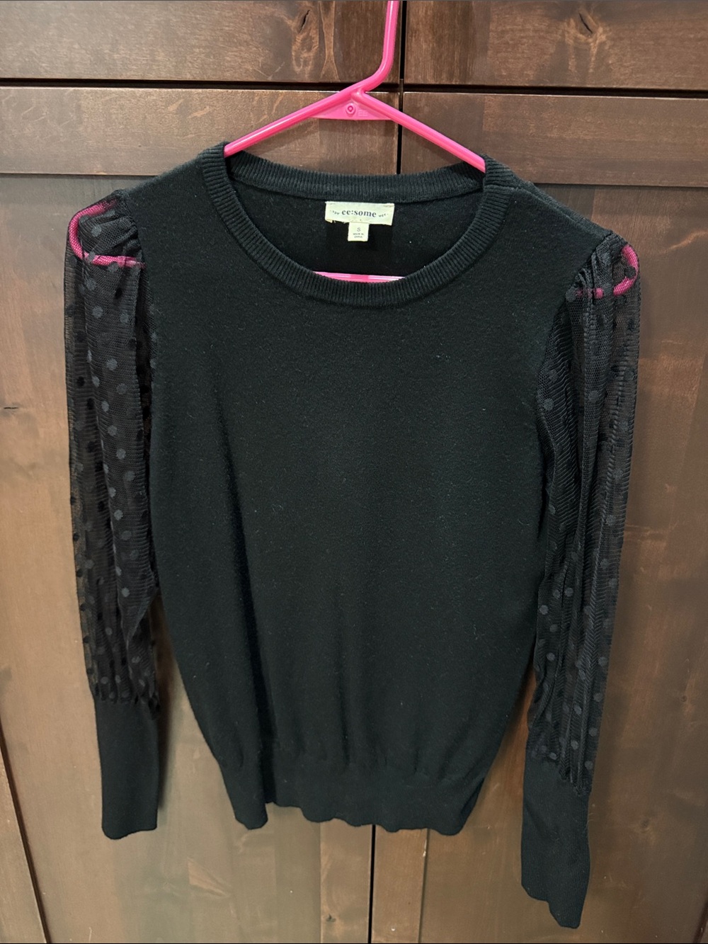 eesome Black Crew Sweater with Sheer Polka Dot Sleeves